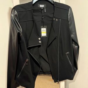 DKNY Black Faux Leather Sleeve Moto Jacket